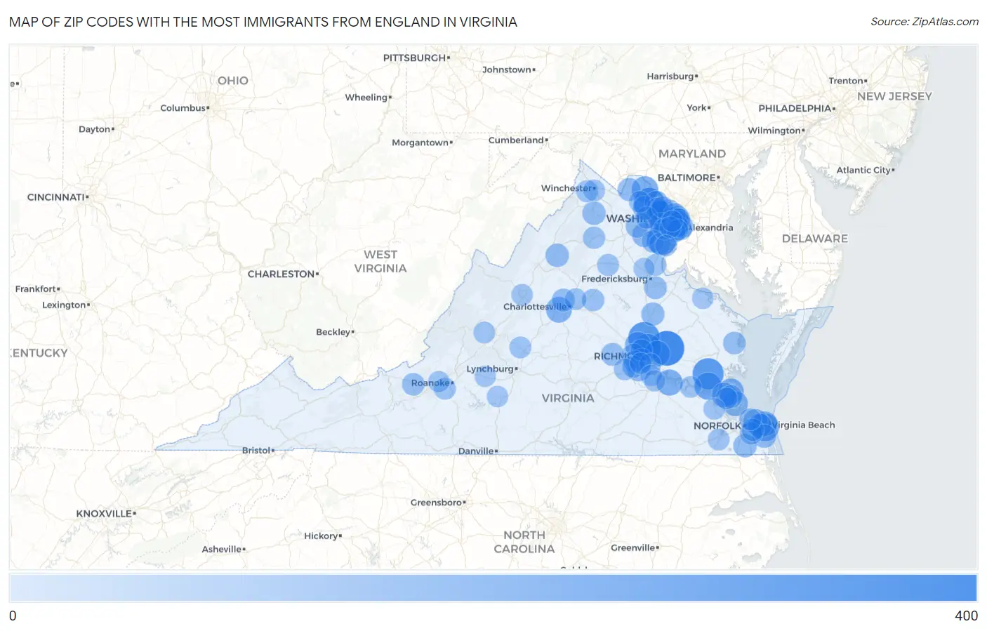 Zip Codes with the Most Immigrants from England in Virginia Map