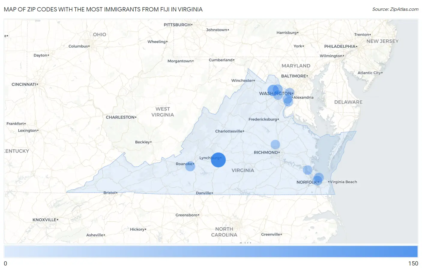 Zip Codes with the Most Immigrants from Fiji in Virginia Map