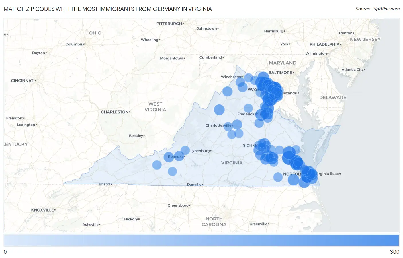 Zip Codes with the Most Immigrants from Germany in Virginia Map