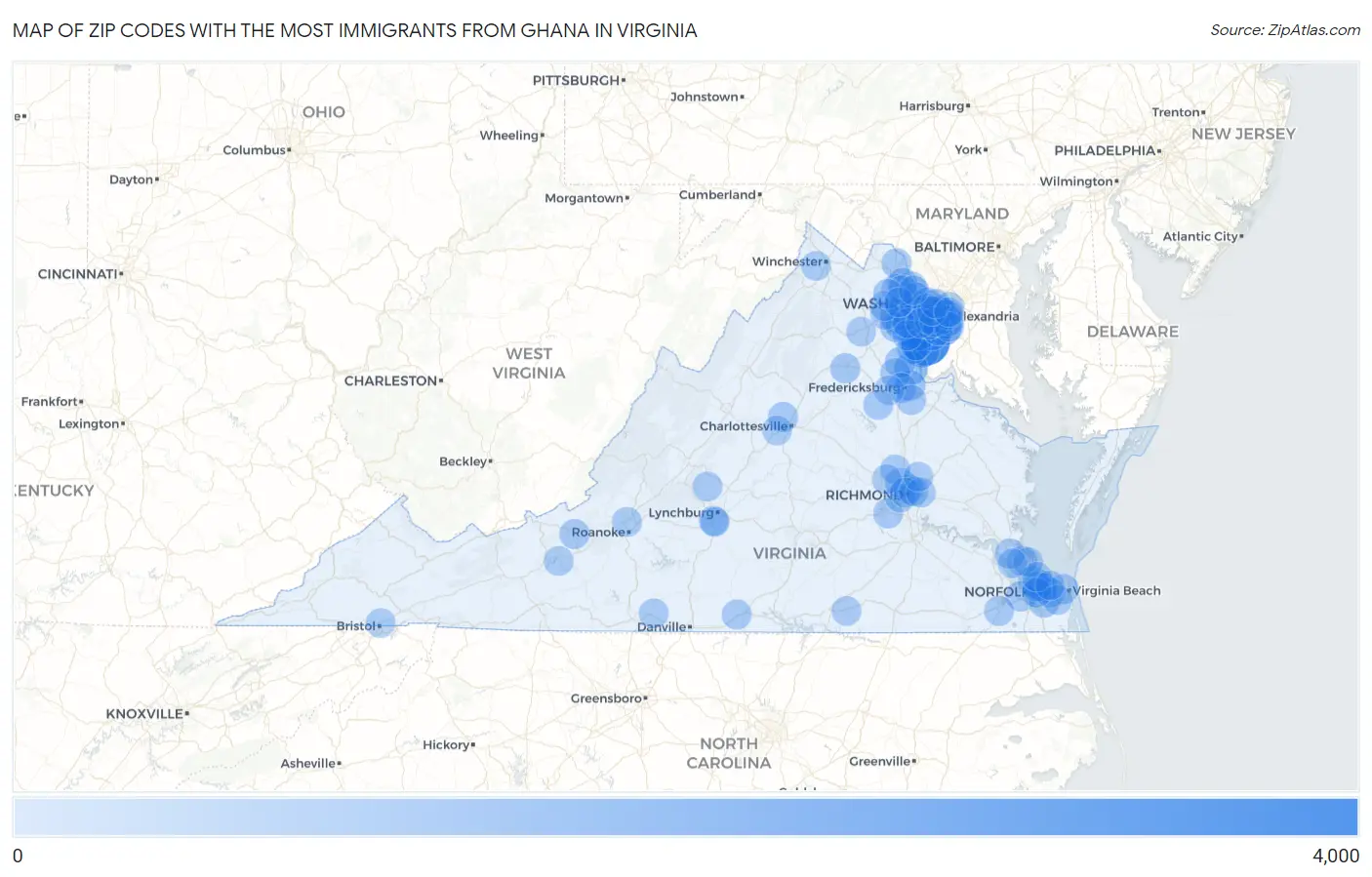 Zip Codes with the Most Immigrants from Ghana in Virginia Map