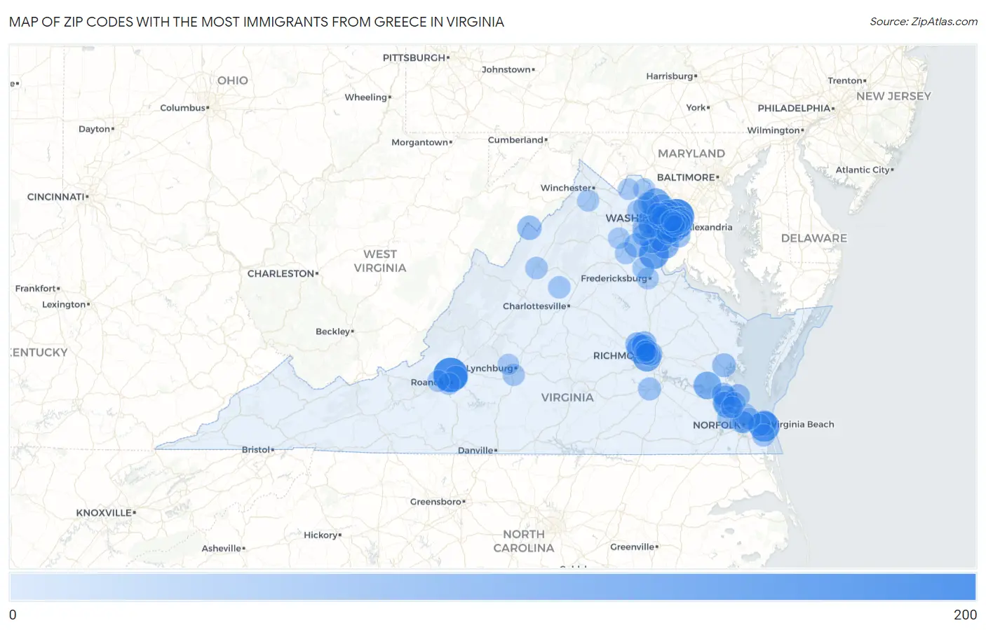 Zip Codes with the Most Immigrants from Greece in Virginia Map