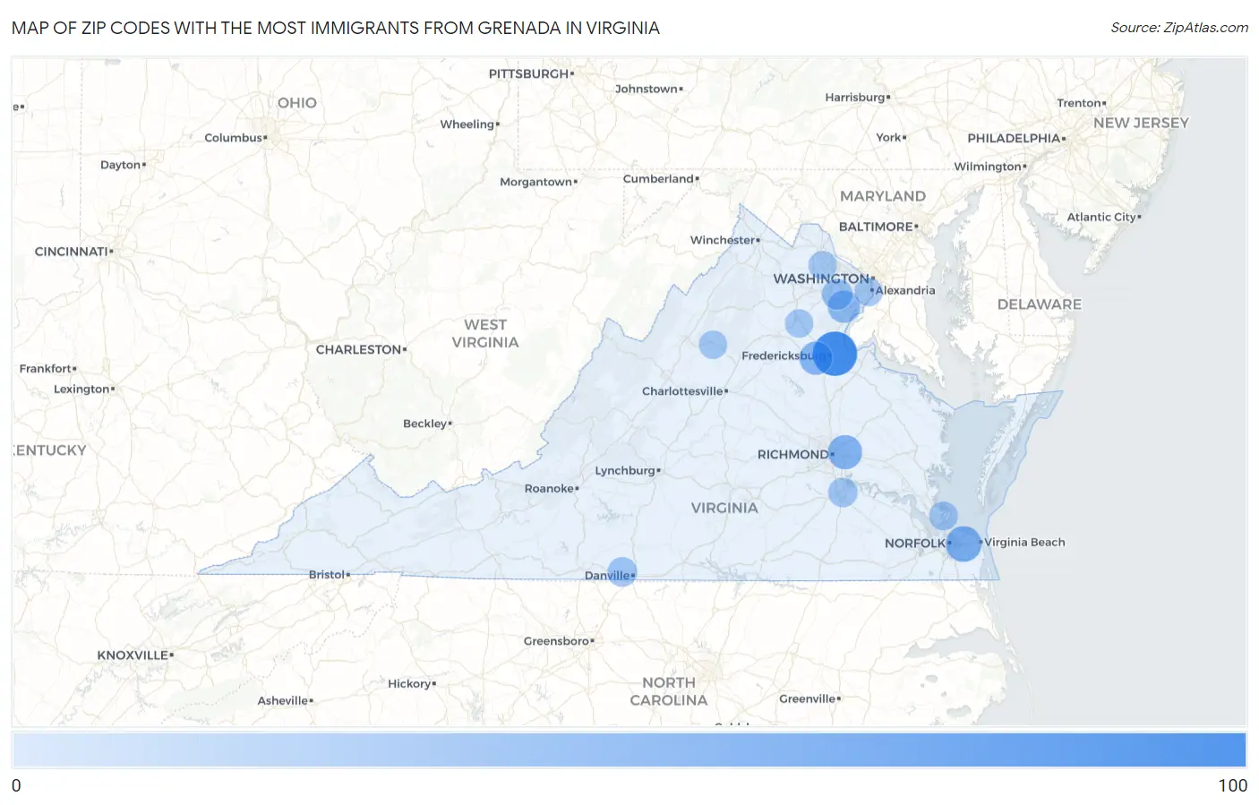 Zip Codes with the Most Immigrants from Grenada in Virginia Map