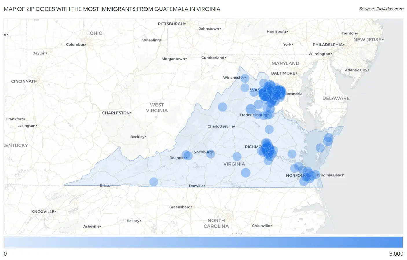 Zip Codes with the Most Immigrants from Guatemala in Virginia Map