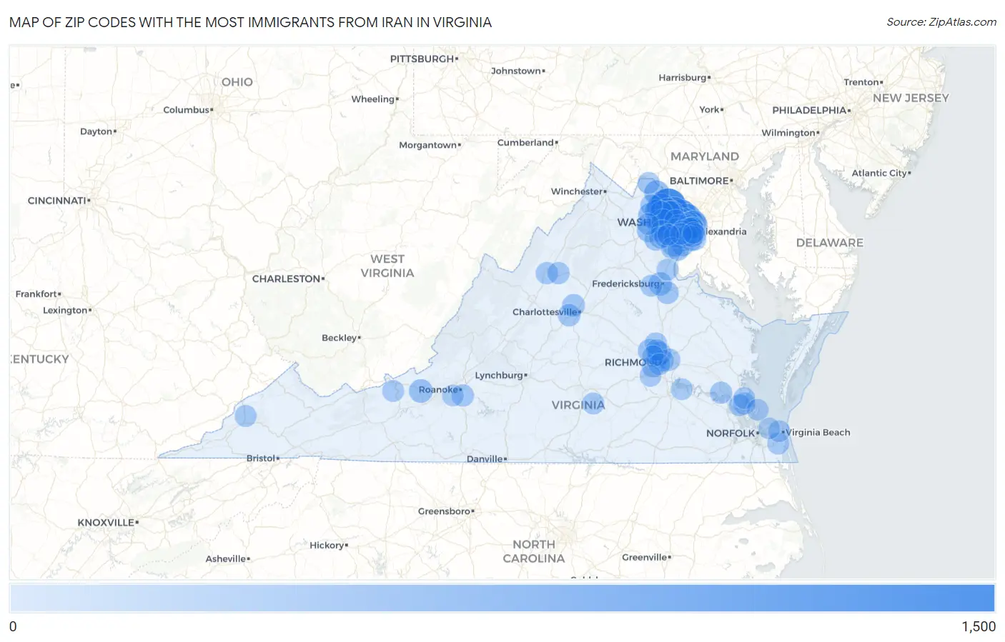 Zip Codes with the Most Immigrants from Iran in Virginia Map