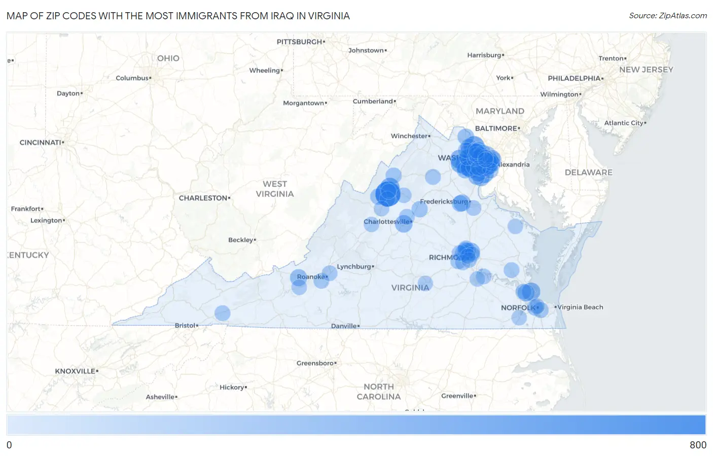 Zip Codes with the Most Immigrants from Iraq in Virginia Map