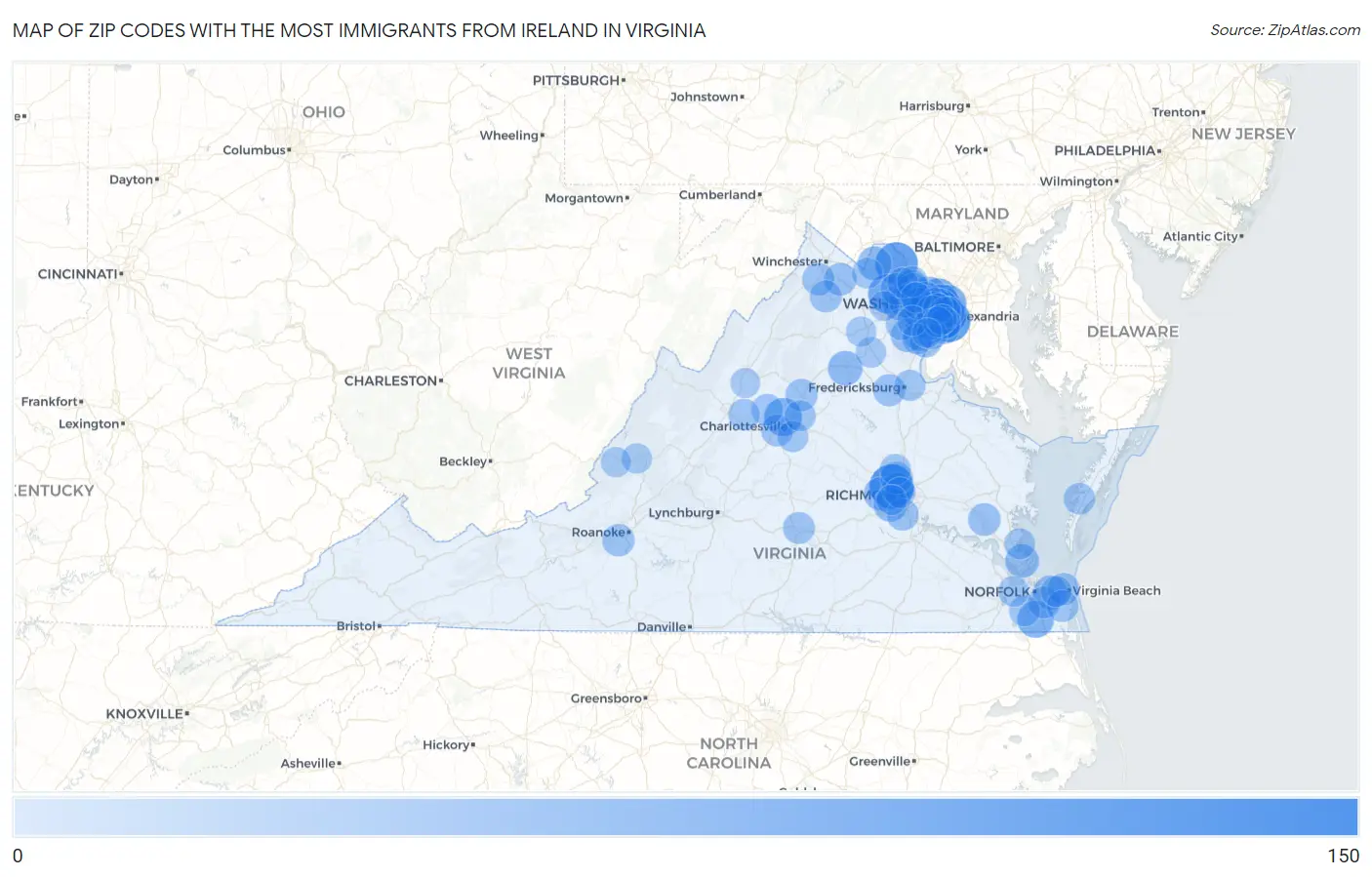 Zip Codes with the Most Immigrants from Ireland in Virginia Map