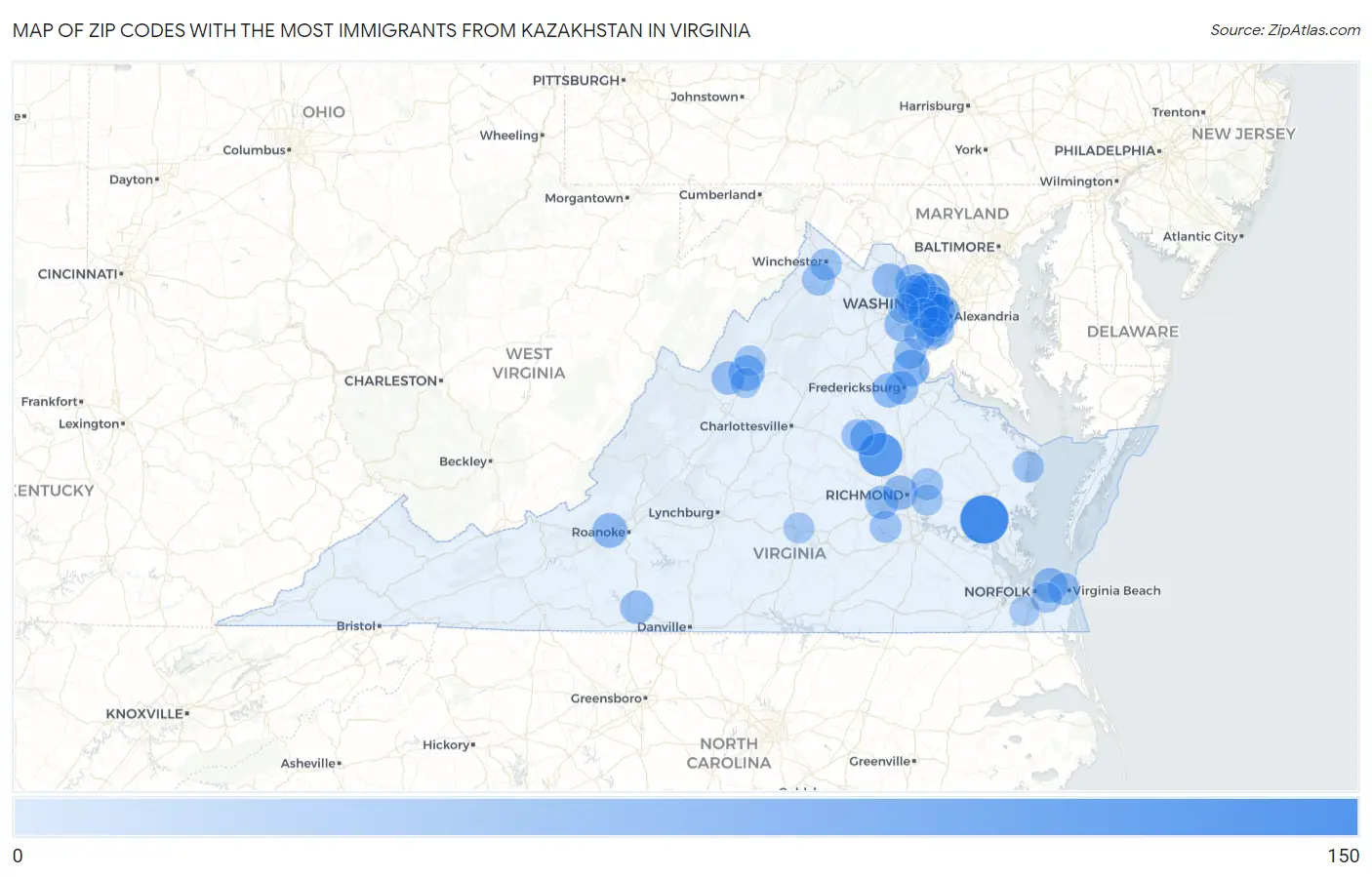 Zip Codes with the Most Immigrants from Kazakhstan in Virginia Map