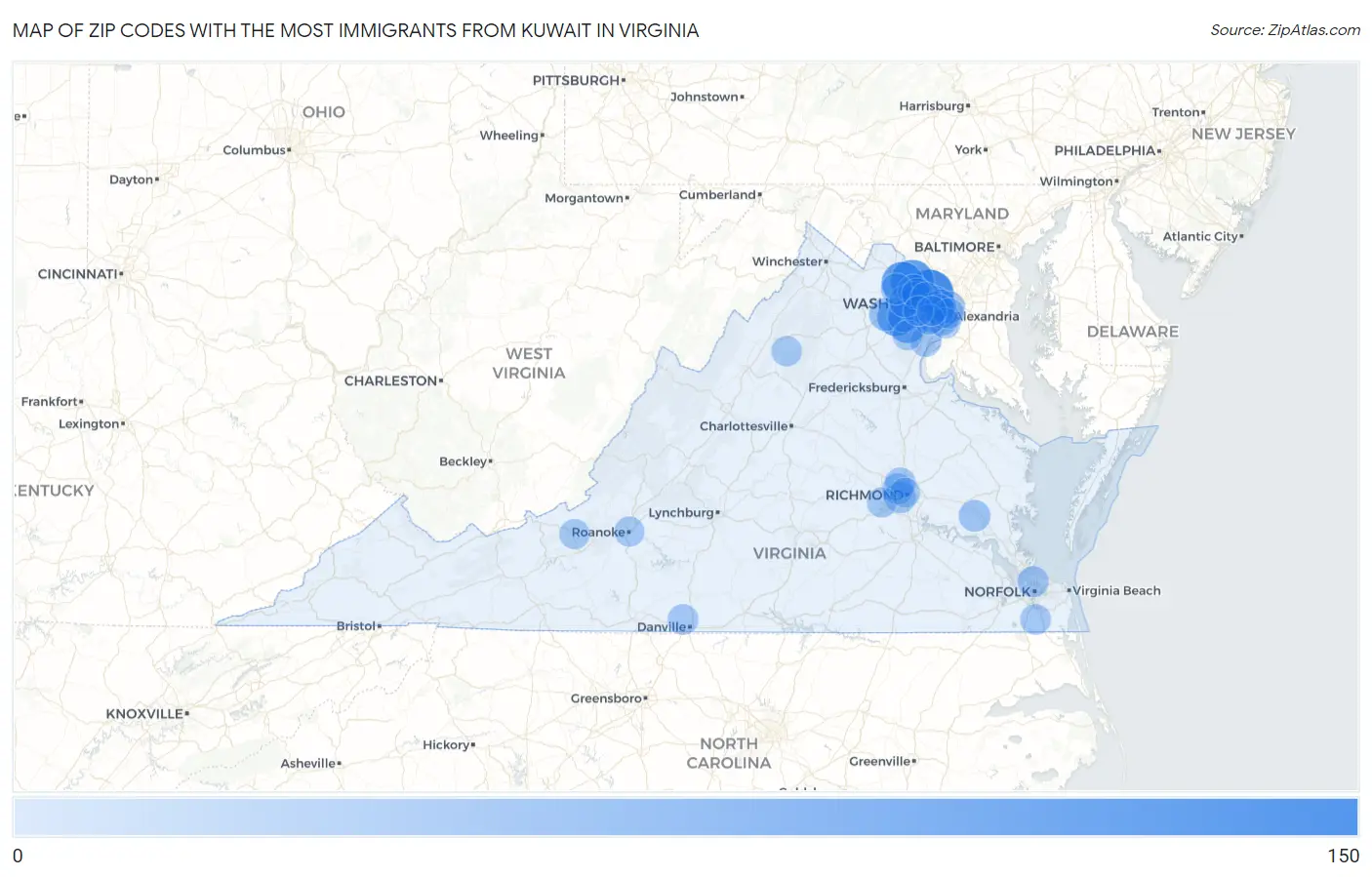 Zip Codes with the Most Immigrants from Kuwait in Virginia Map