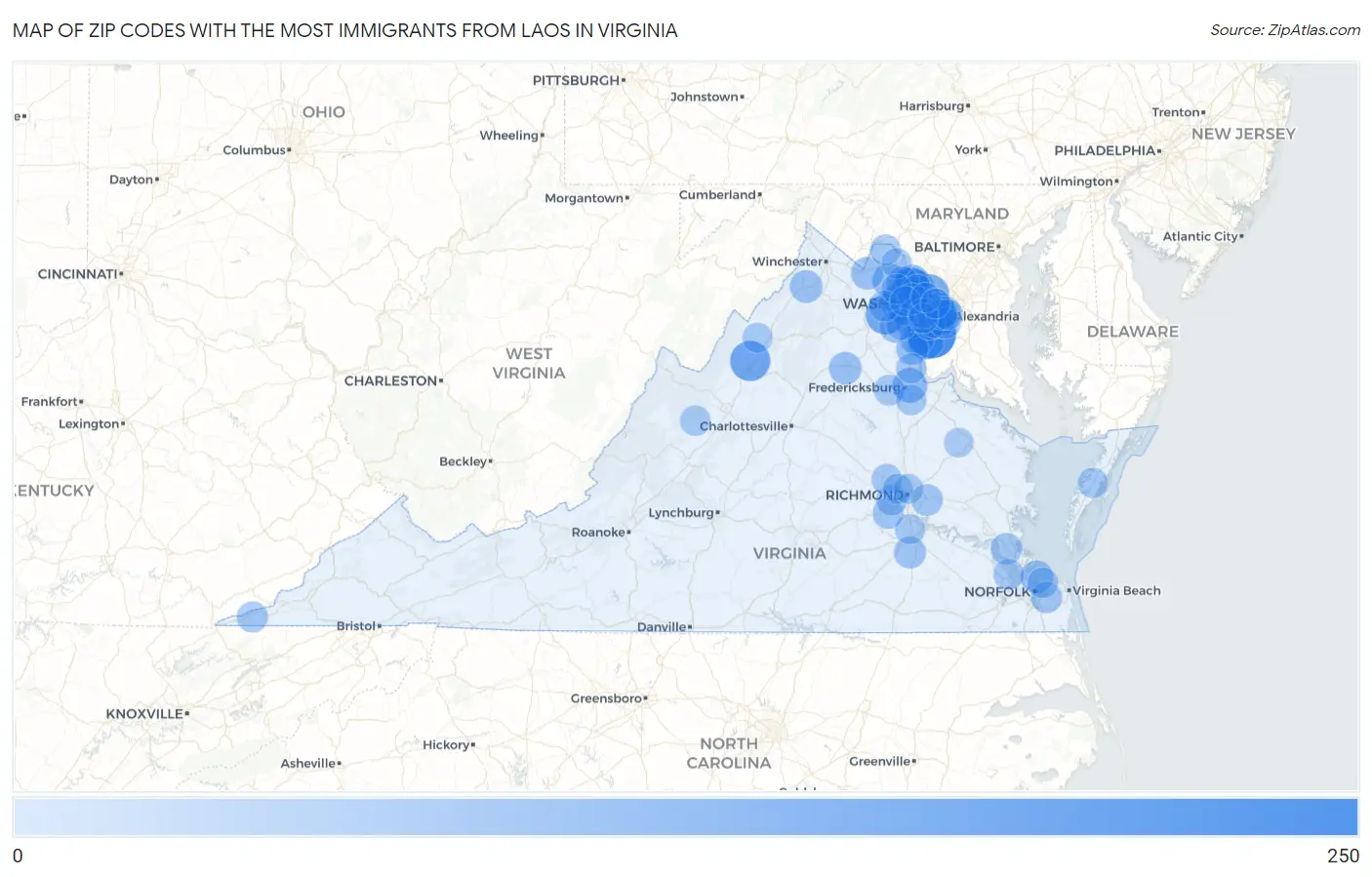 Zip Codes with the Most Immigrants from Laos in Virginia Map