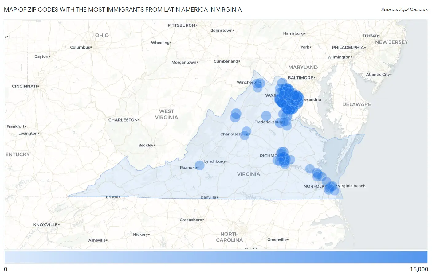 Zip Codes with the Most Immigrants from Latin America in Virginia Map
