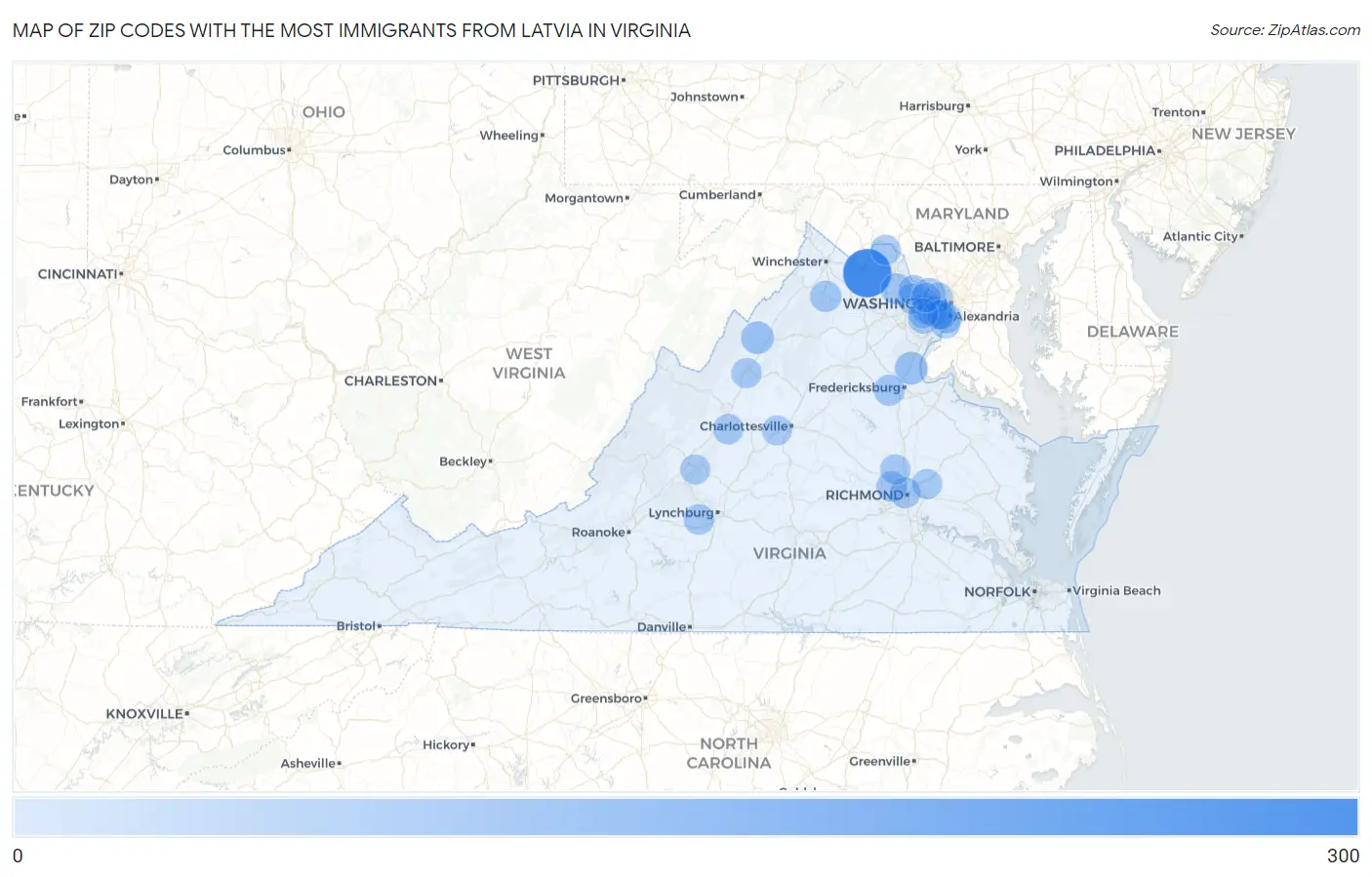 Zip Codes with the Most Immigrants from Latvia in Virginia Map