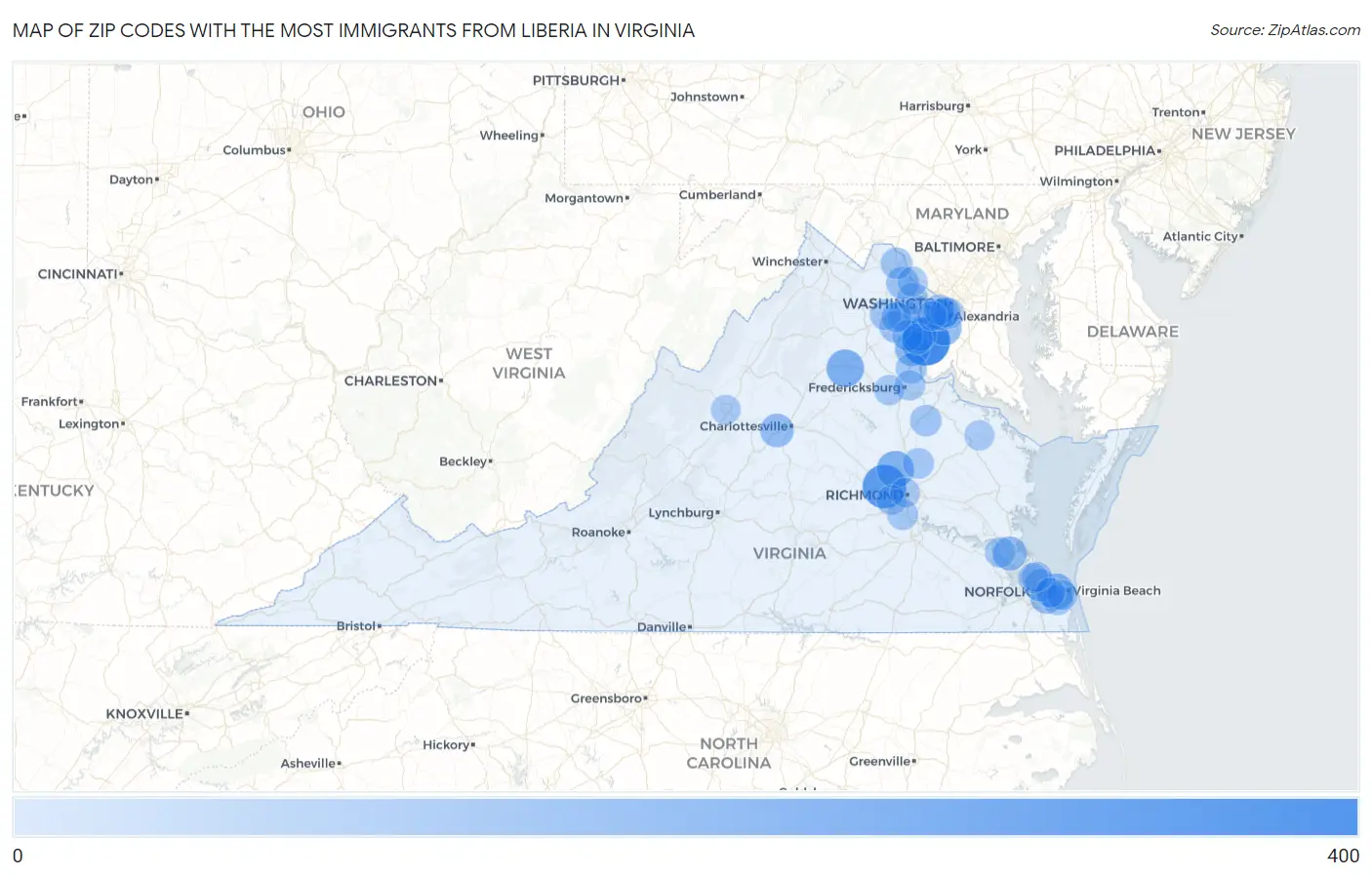 Zip Codes with the Most Immigrants from Liberia in Virginia Map