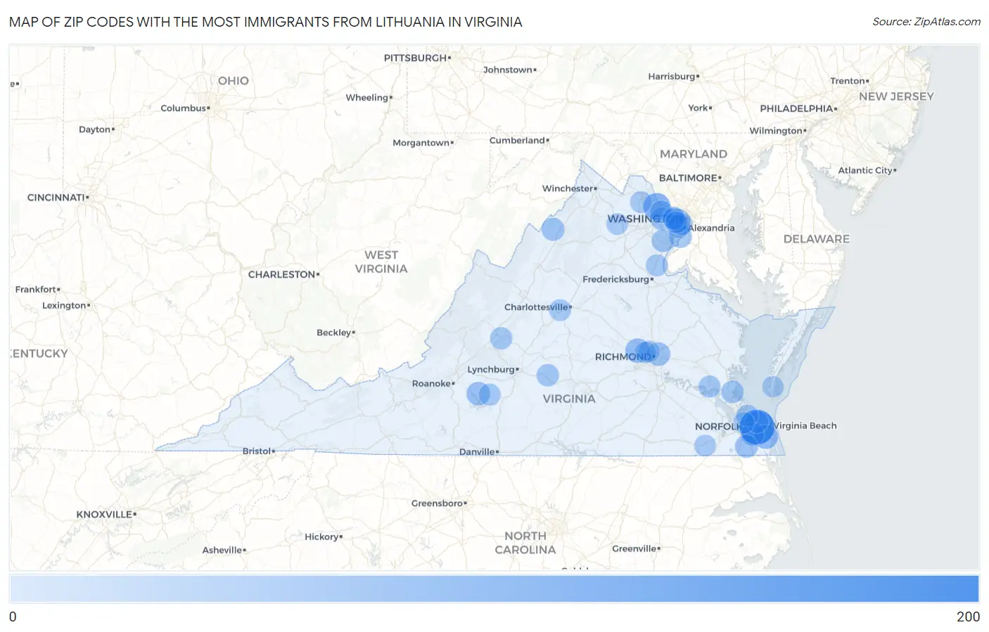 Zip Codes with the Most Immigrants from Lithuania in Virginia Map