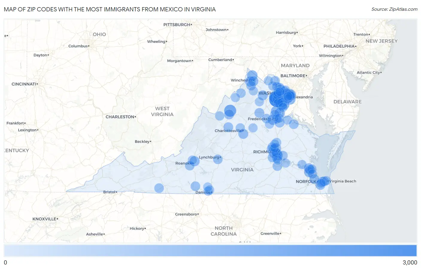 Zip Codes with the Most Immigrants from Mexico in Virginia Map