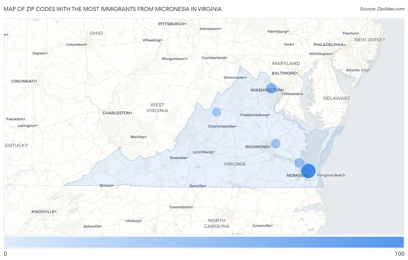 Zip Codes with the Most Immigrants from Micronesia in Virginia Map