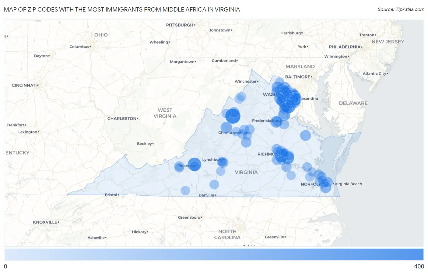 Zip Codes with the Most Immigrants from Middle Africa in Virginia Map