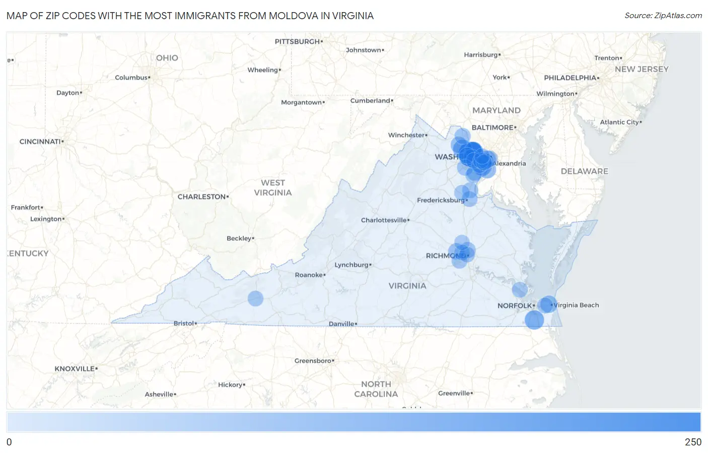 Zip Codes with the Most Immigrants from Moldova in Virginia Map