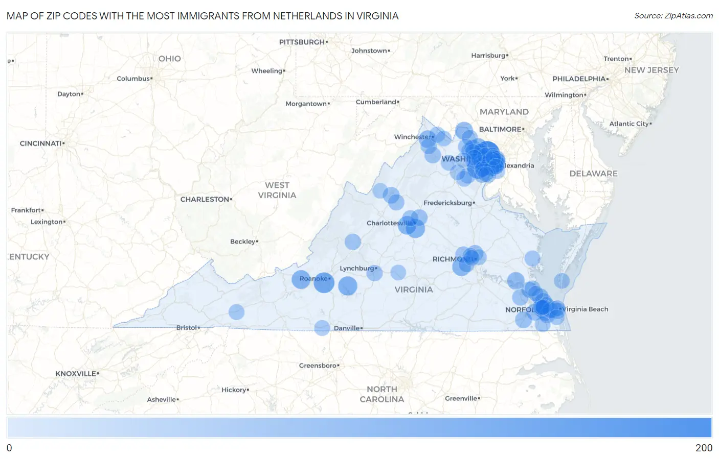 Zip Codes with the Most Immigrants from Netherlands in Virginia Map