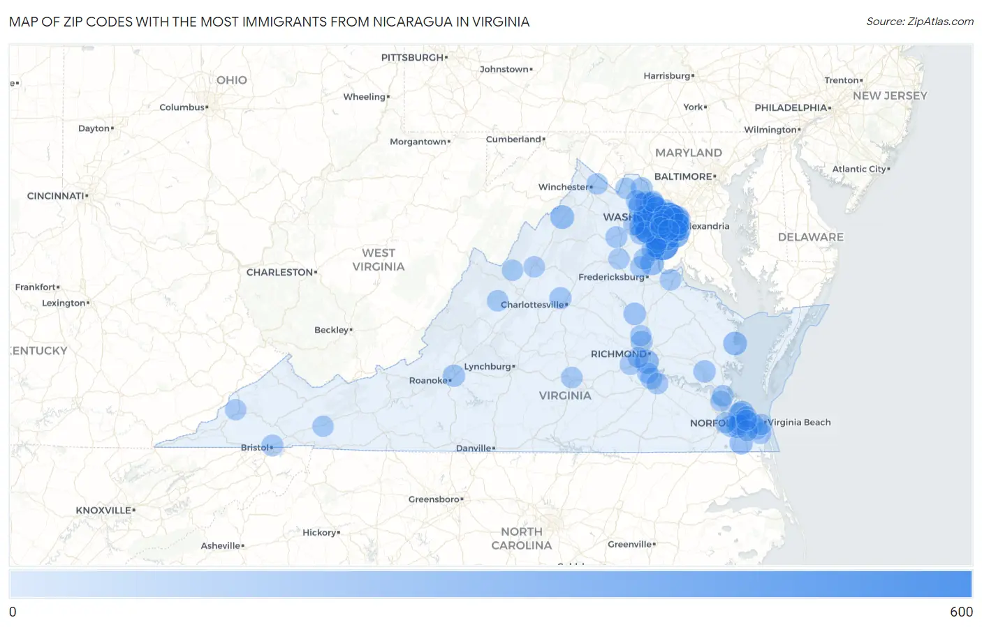 Zip Codes with the Most Immigrants from Nicaragua in Virginia Map