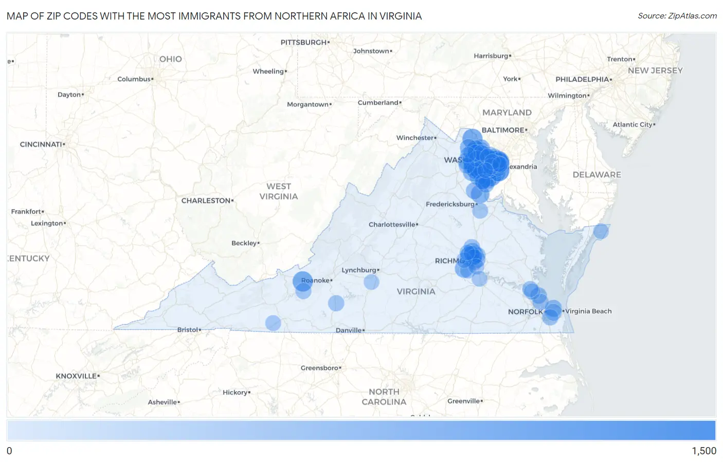 Zip Codes with the Most Immigrants from Northern Africa in Virginia Map