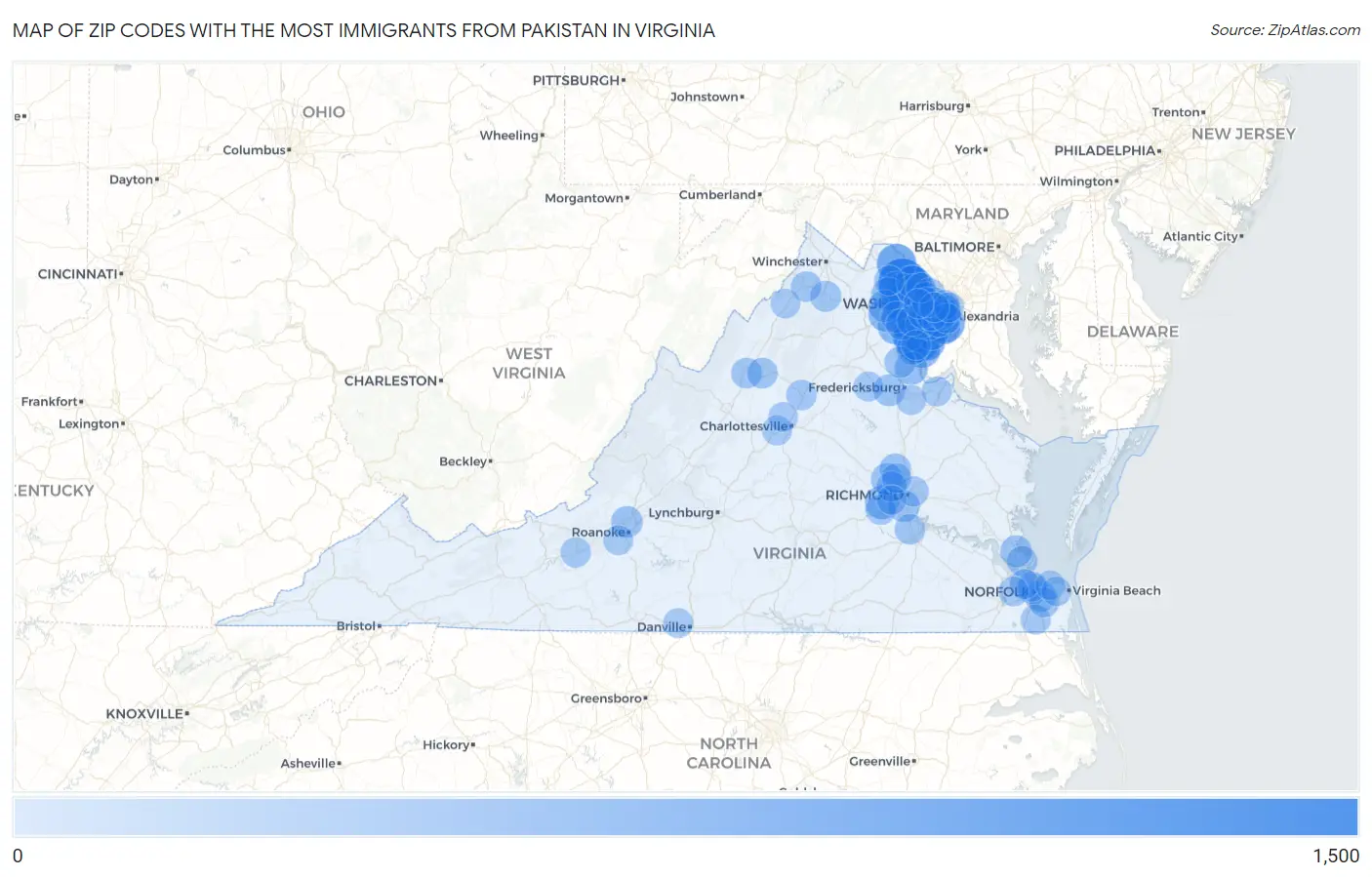 Zip Codes with the Most Immigrants from Pakistan in Virginia Map