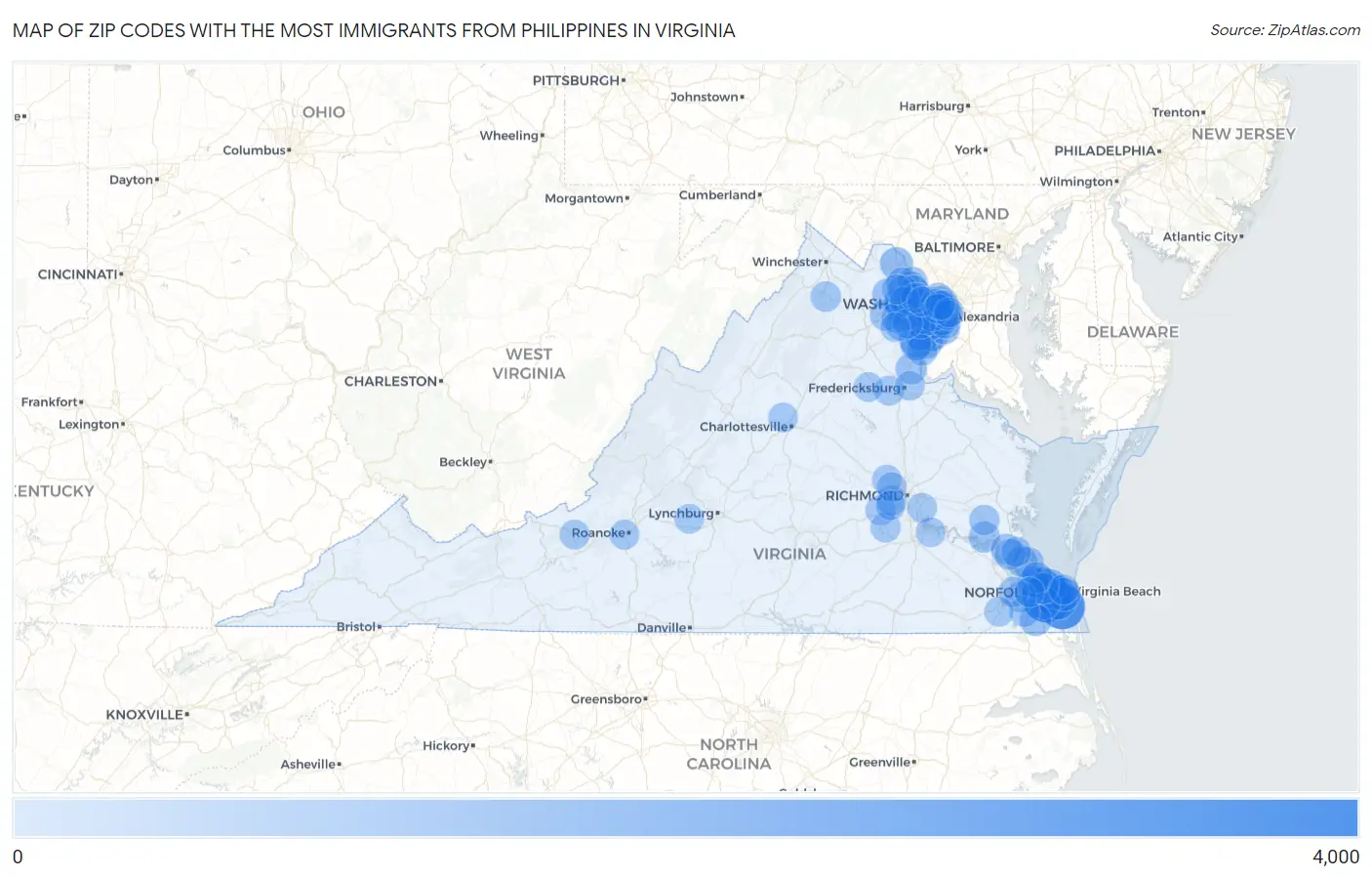 Zip Codes with the Most Immigrants from Philippines in Virginia Map