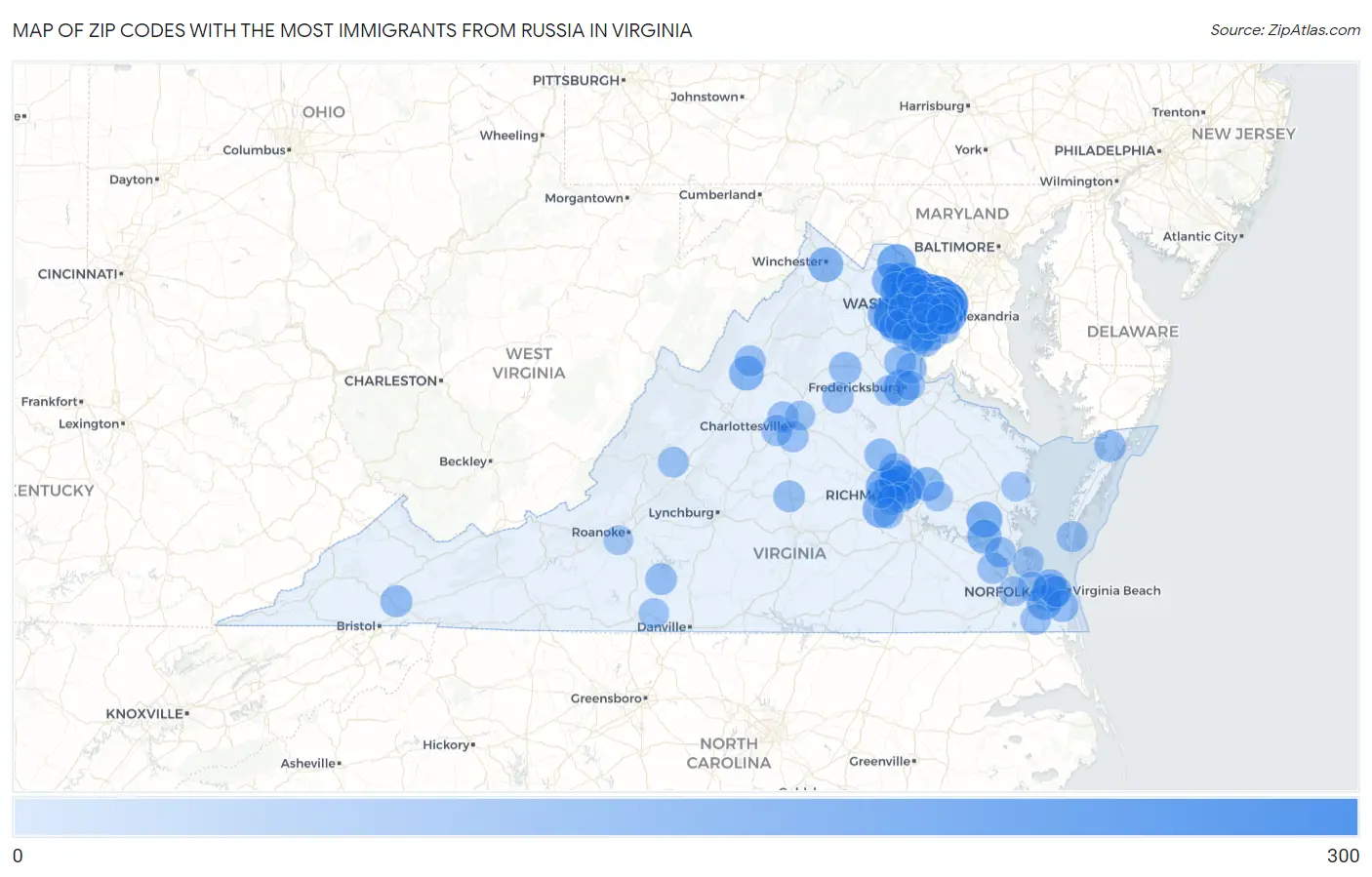 Zip Codes with the Most Immigrants from Russia in Virginia Map