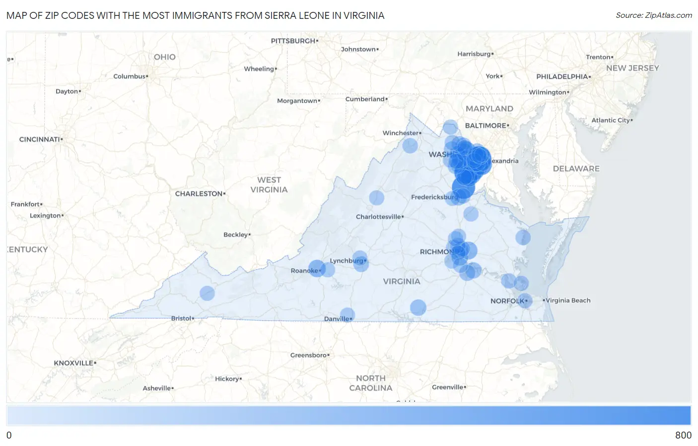 Zip Codes with the Most Immigrants from Sierra Leone in Virginia Map