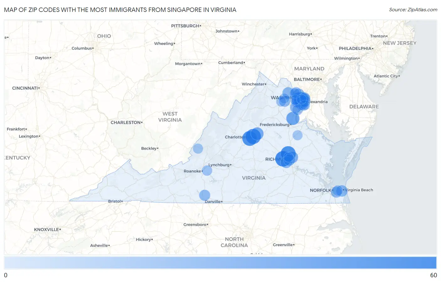 Zip Codes with the Most Immigrants from Singapore in Virginia Map