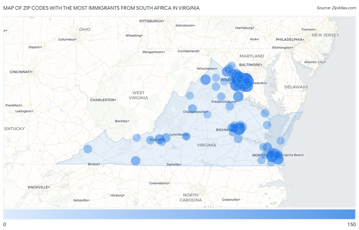 Zip Codes with the Most Immigrants from South Africa in Virginia Map