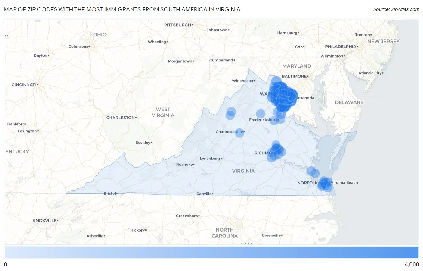 Zip Codes with the Most Immigrants from South America in Virginia Map