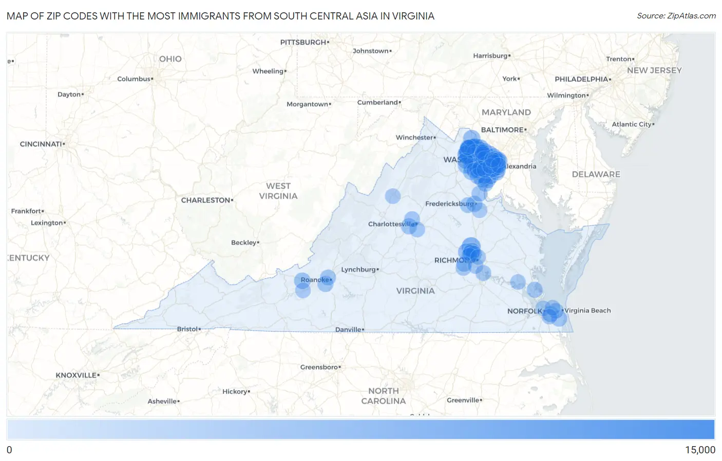 Zip Codes with the Most Immigrants from South Central Asia in Virginia Map