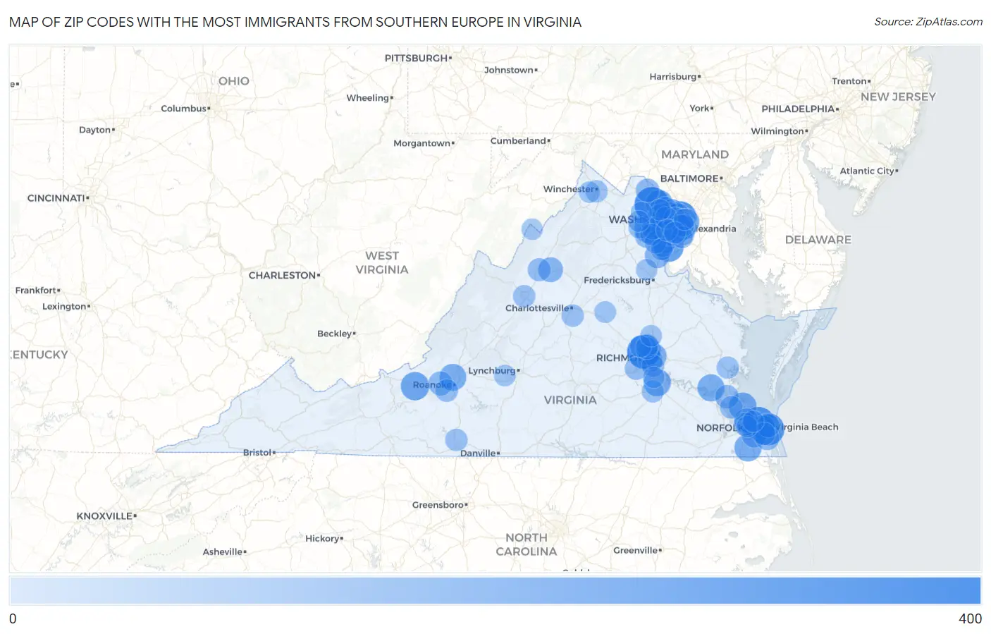 Zip Codes with the Most Immigrants from Southern Europe in Virginia Map