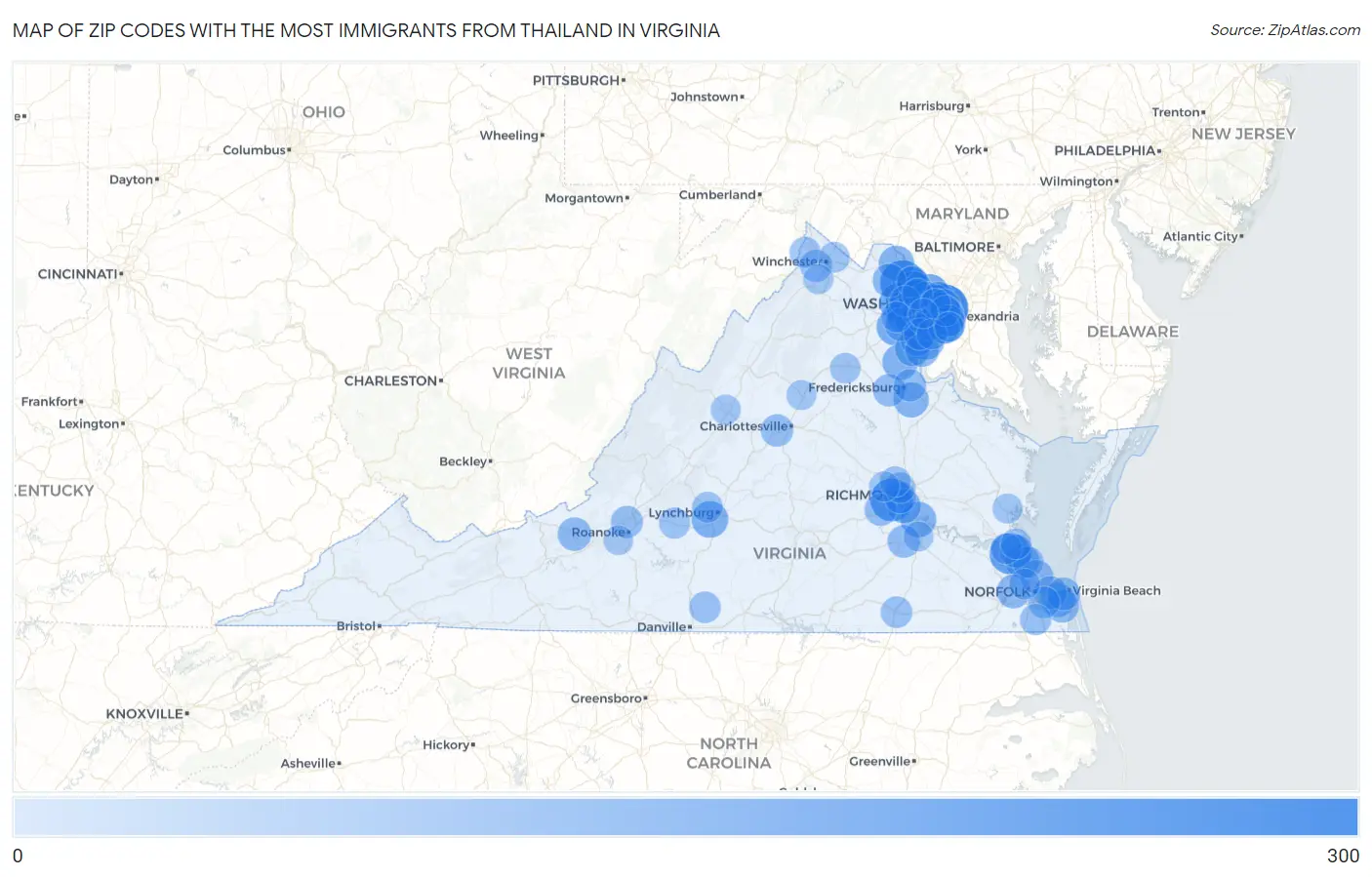 Zip Codes with the Most Immigrants from Thailand in Virginia Map