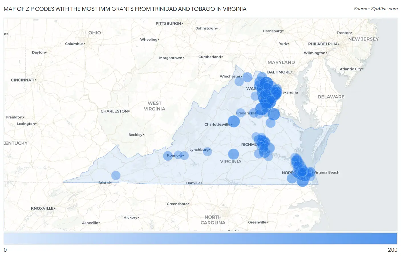 Zip Codes with the Most Immigrants from Trinidad and Tobago in Virginia Map
