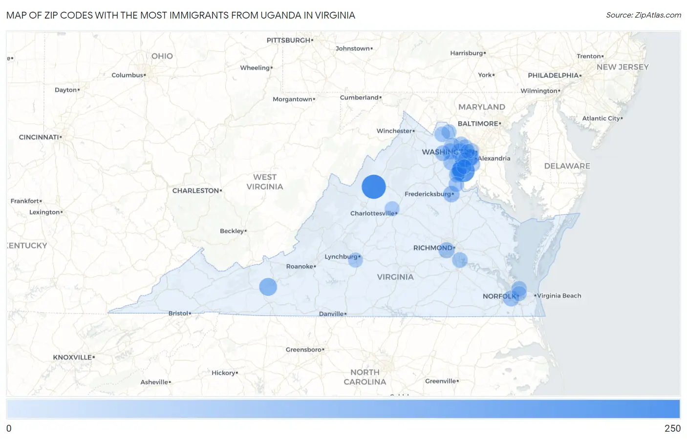 Zip Codes with the Most Immigrants from Uganda in Virginia Map