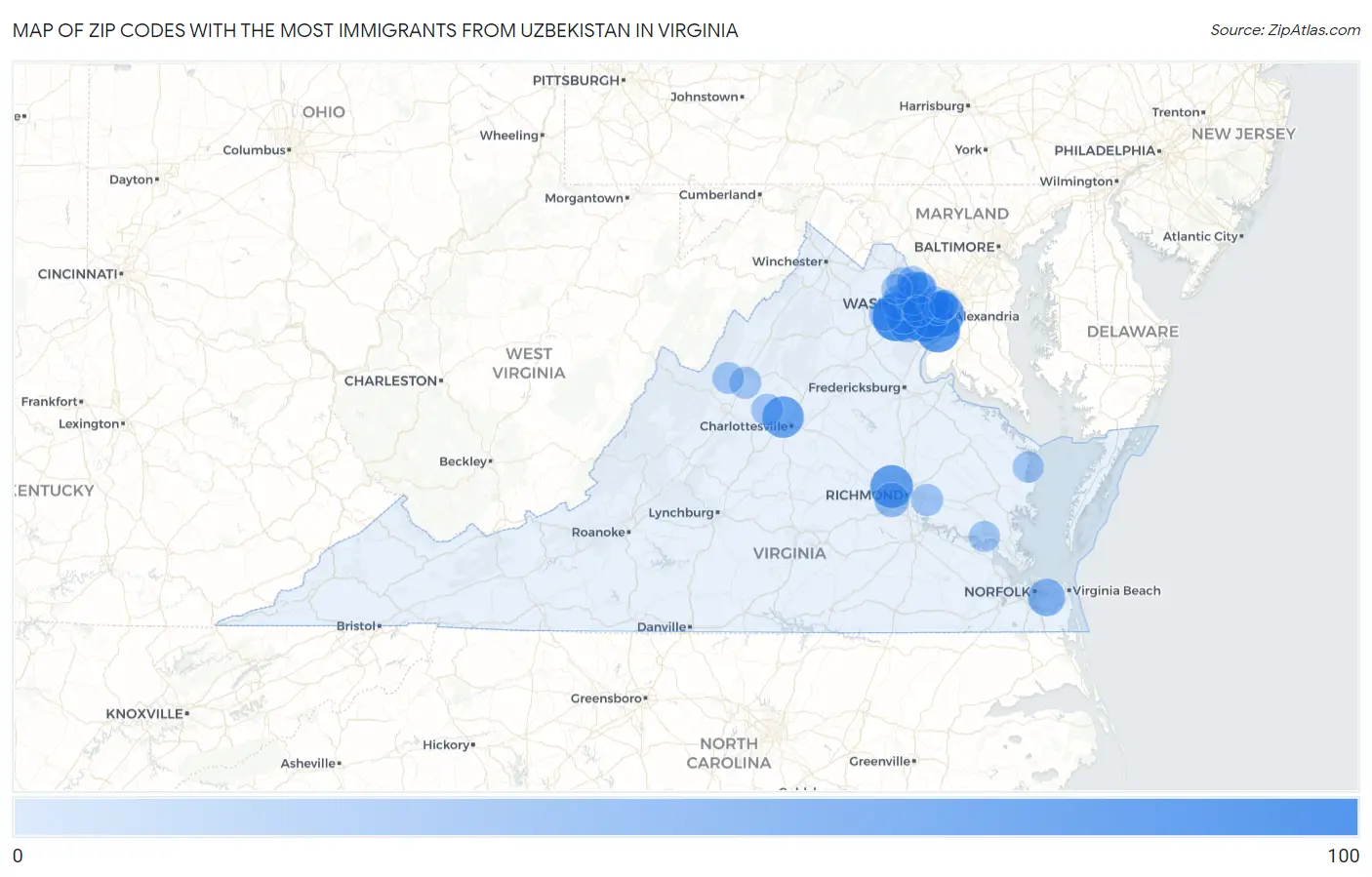Zip Codes with the Most Immigrants from Uzbekistan in Virginia Map