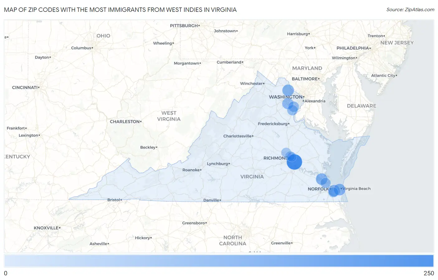 Zip Codes with the Most Immigrants from West Indies in Virginia Map