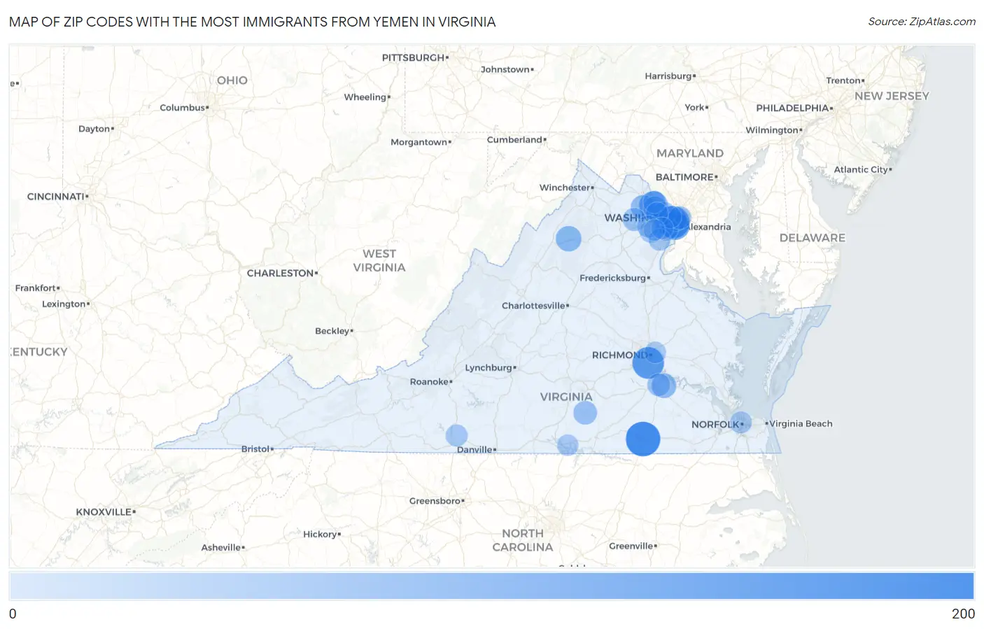 Zip Codes with the Most Immigrants from Yemen in Virginia Map