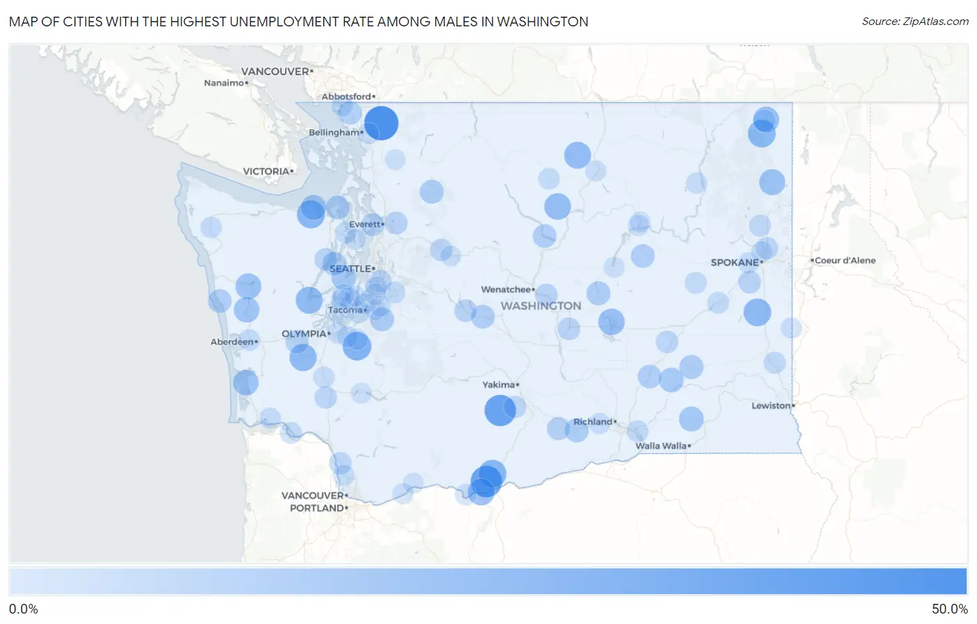 Cities with the Highest Unemployment Rate Among Males in Washington Map
