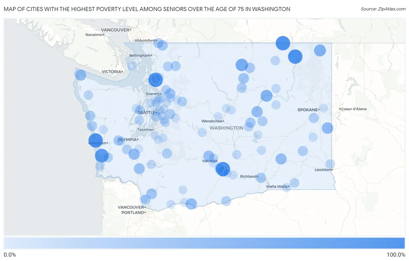 Cities with the Highest Poverty Level Among Seniors Over the Age of 75 in Washington Map