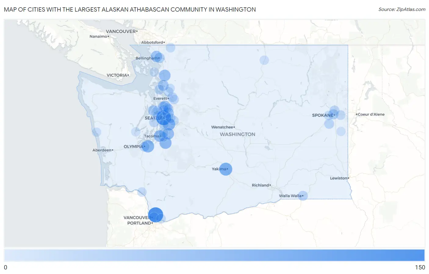 Cities with the Largest Alaskan Athabascan Community in Washington Map