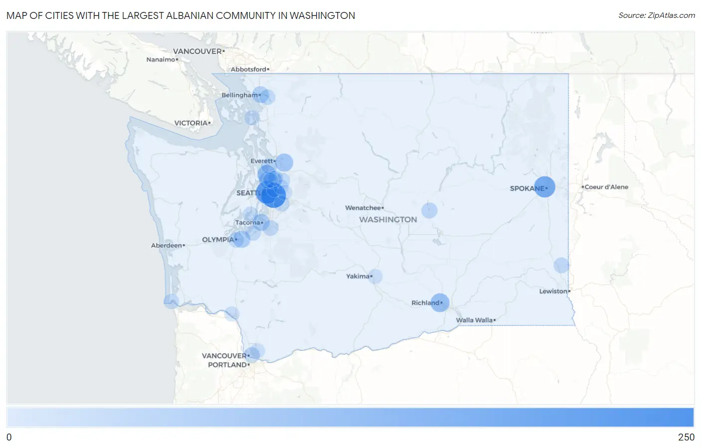 Cities with the Largest Albanian Community in Washington Map