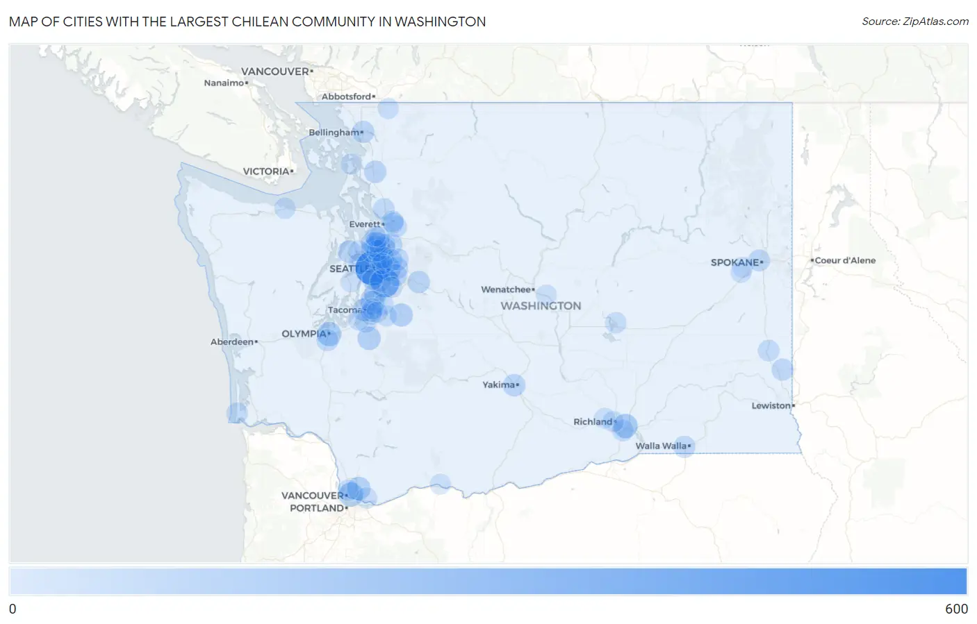 Cities with the Largest Chilean Community in Washington Map