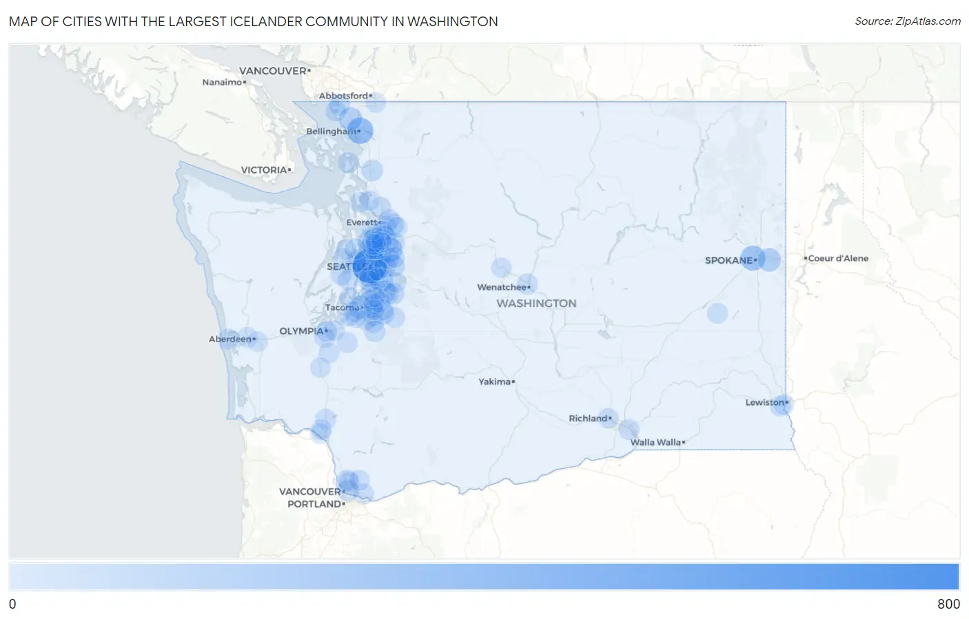 Cities with the Largest Icelander Community in Washington Map