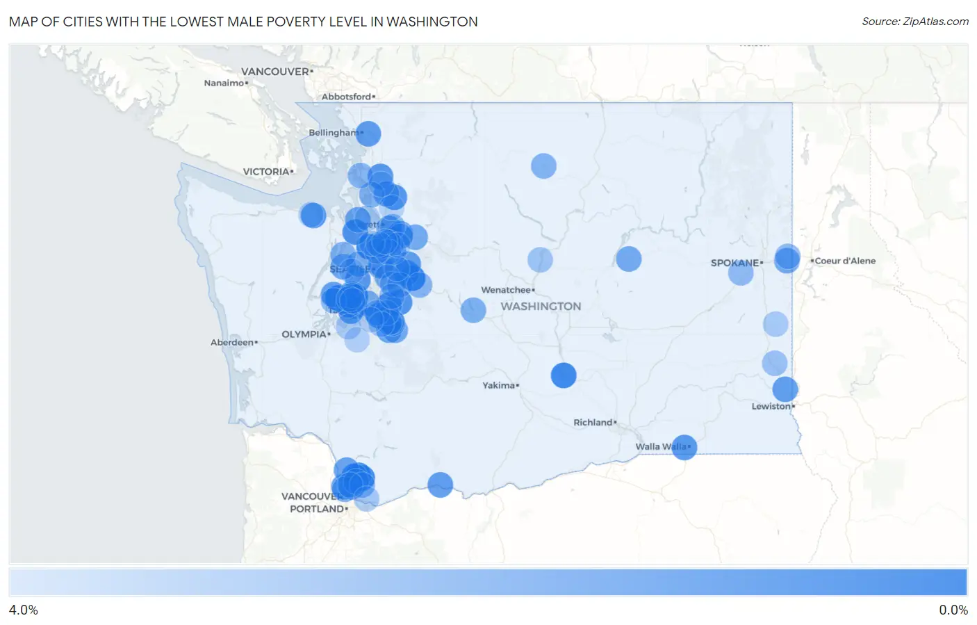 Cities with the Lowest Male Poverty Level in Washington Map