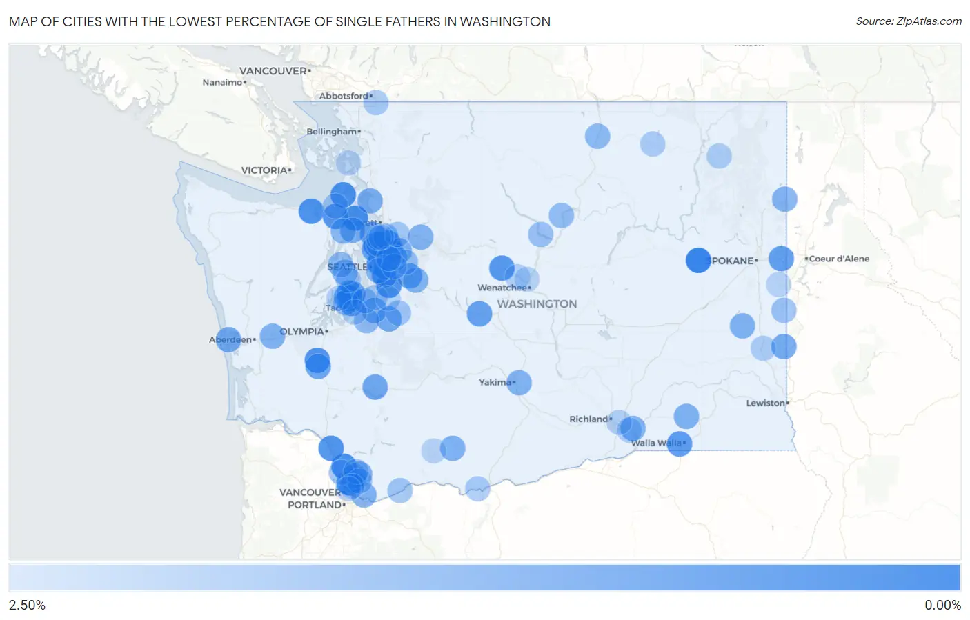 Cities with the Lowest Percentage of Single Fathers in Washington Map