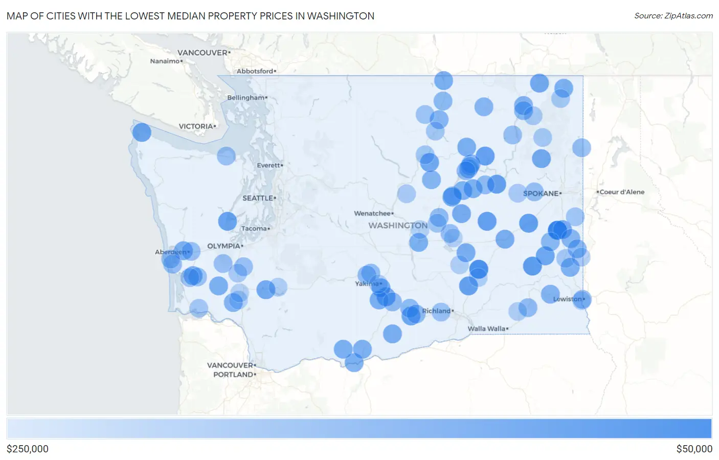 Cities with the Lowest Median Property Prices in Washington Map