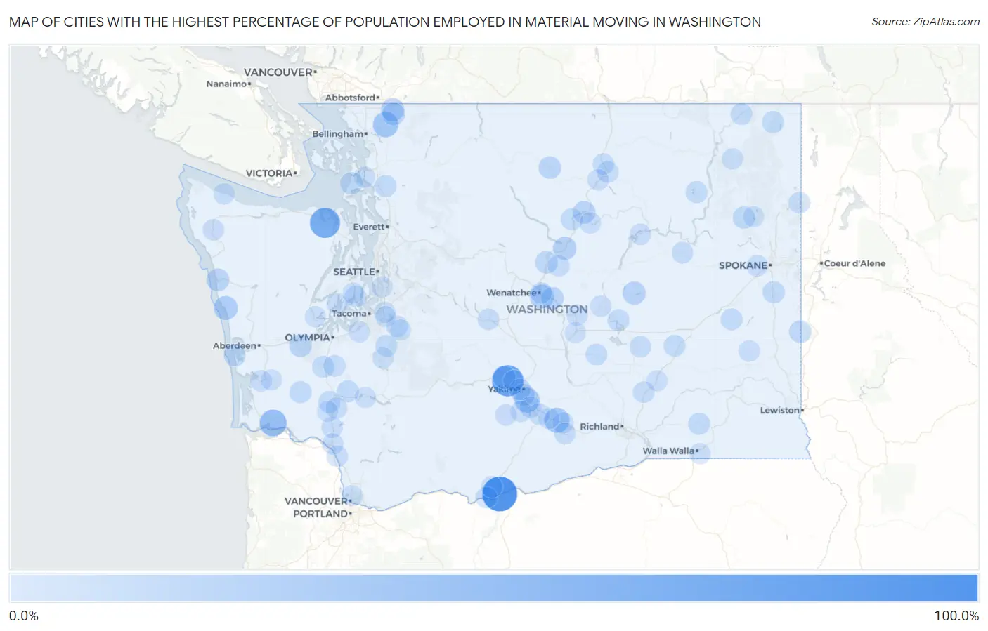 Cities with the Highest Percentage of Population Employed in Material Moving in Washington Map