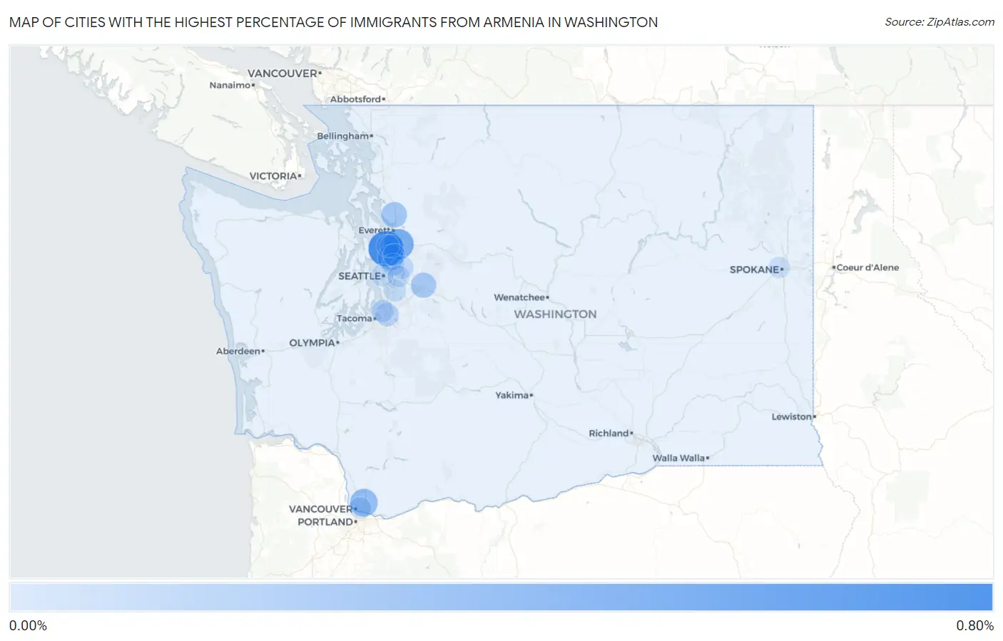 Cities with the Highest Percentage of Immigrants from Armenia in Washington Map